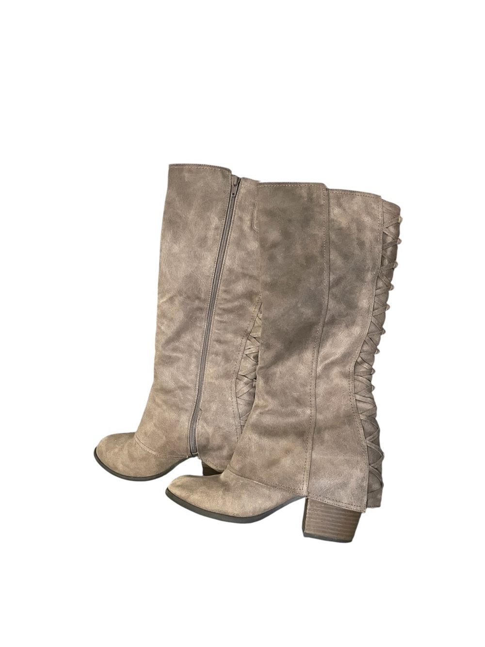 H6- Fergalicious Women's Taupe Knee-High Block Heel Boots - Stylish Side Detail - Picture 2 of 4
